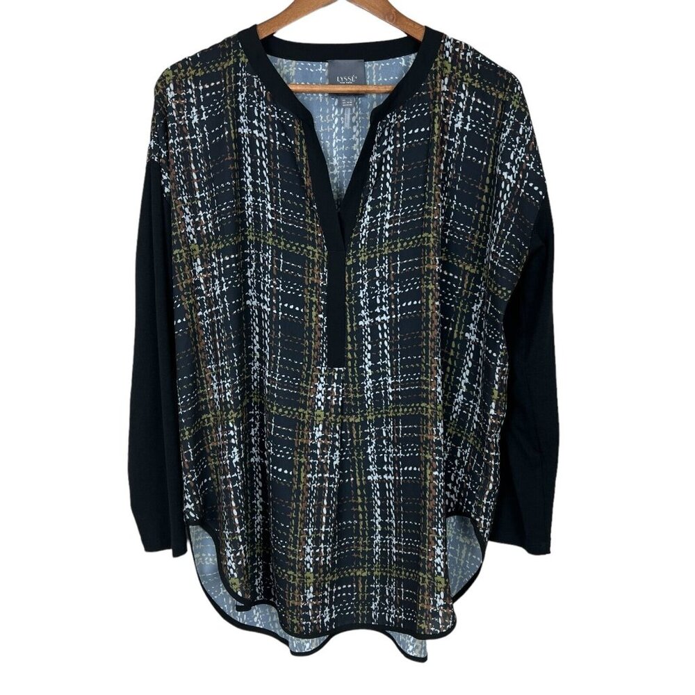 Lysse Tunic Top Womens Large Black Multicolor Printed V-Neck‎ Long Sleeve Blouse